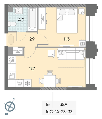 35,9 м², 1-комн. квартира, 33/43 этаж