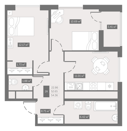 54,4 м², 2-комн. квартира, 7/10 этаж