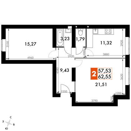 62,5 м², 2-комн. квартира, 1/4 этаж