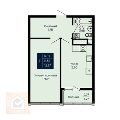 Продажа 1-комнатной квартиры 42,9 м², 12/14 этаж