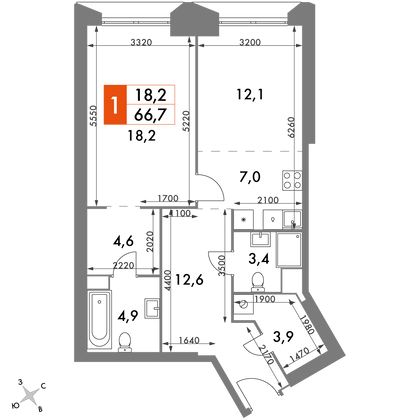 66,7 м², 2-комн. квартира, 39/47 этаж