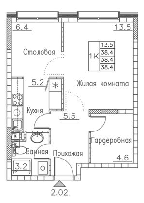 38,4 м², 1-комн. квартира, 1/19 этаж