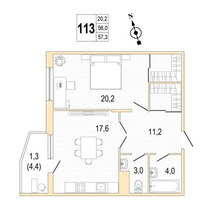 Продажа 1-комнатной квартиры 57,3 м², 5/8 этаж