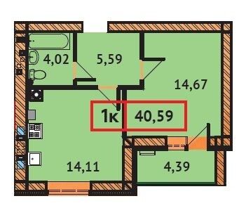 Продажа 1-комнатной квартиры 40,6 м², 7/9 этаж