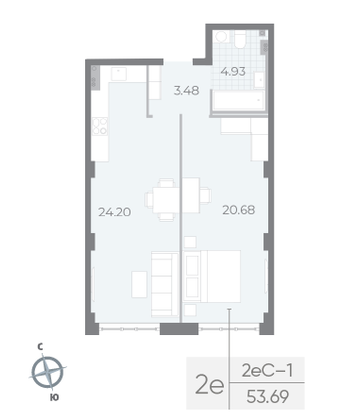 Продажа 1-комнатной квартиры 53,7 м², 1/8 этаж