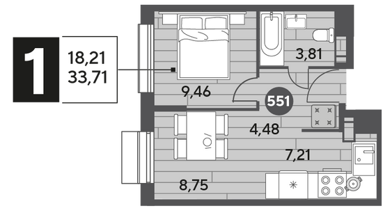 Продажа 1-комнатной квартиры 33,7 м², 2/15 этаж