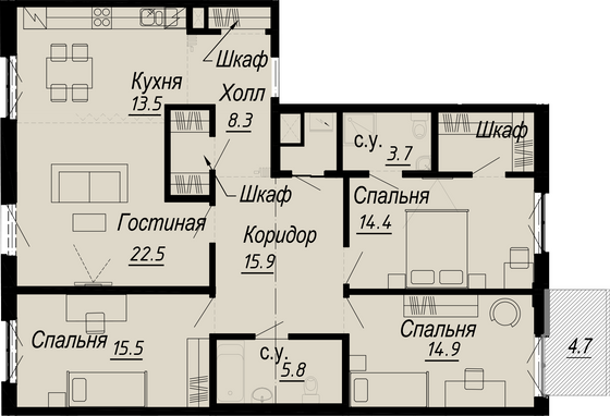 119 м², 4-комн. квартира, 4/8 этаж