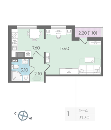 Продажа 1-комнатной квартиры 31,3 м², 14/24 этаж