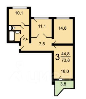 Продажа 3-комнатной квартиры 74 м², 14/17 этаж