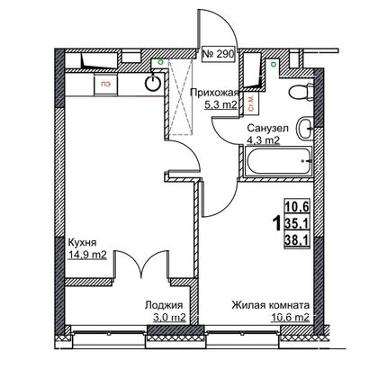 Продажа 1-комнатной квартиры 38,1 м², 20/24 этаж