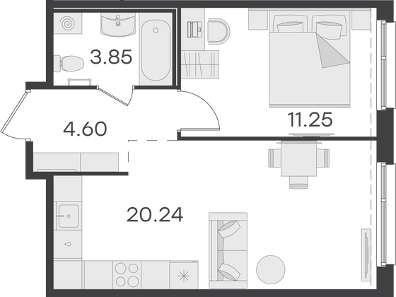 39,9 м², 1-комн. квартира, 1/15 этаж