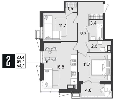 Продажа 2-комнатной квартиры 64,2 м², 18/18 этаж