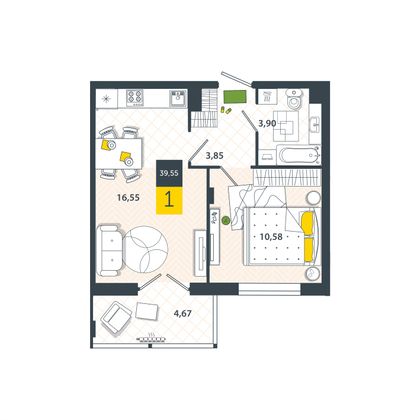 Продажа 1-комнатной квартиры 39,5 м², 5/8 этаж