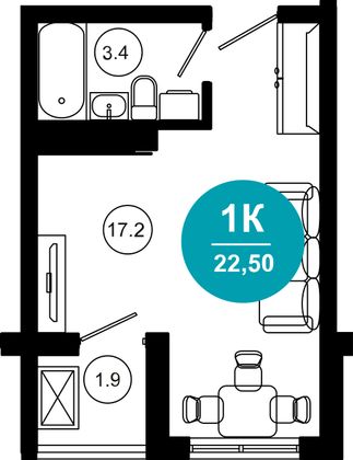 22,5 м², 1-комн. квартира, 7/10 этаж