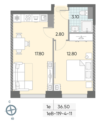 Продажа 1-комнатной квартиры 36,5 м², 7/58 этаж