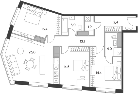 96,6 м², 3-комн. квартира, 17/21 этаж