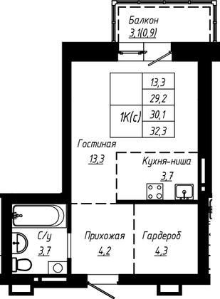 Продажа 1-комнатной квартиры 30,1 м², 6/16 этаж