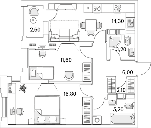 60,5 м², 2-комн. квартира, 9/13 этаж