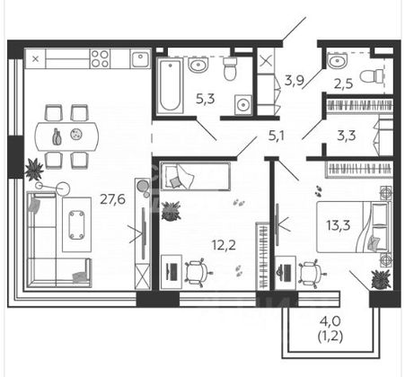 Продажа 2-комнатной квартиры 74,3 м², 8/12 этаж