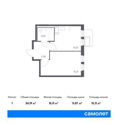 34,2 м², 1-комн. квартира, 12/12 этаж