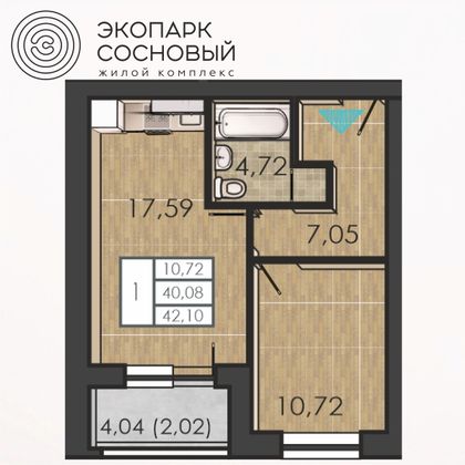 42,1 м², 1-комн. квартира, 1/4 этаж
