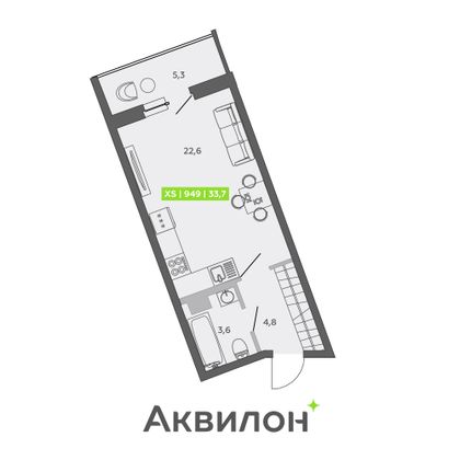 33,7 м², студия, 5/13 этаж