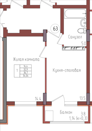 34 м², 1-комн. квартира, 8/9 этаж