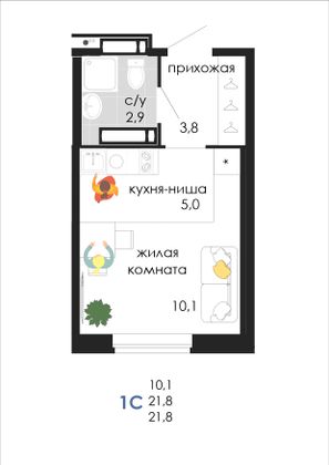 Продажа квартиры-студии 21,8 м², 18/19 этаж