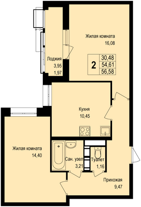 56,8 м², 2-комн. квартира, 2/6 этаж