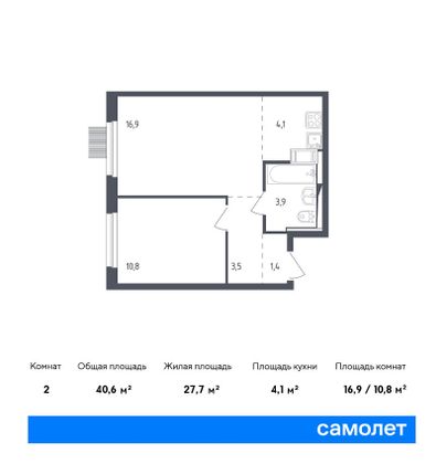 40,6 м², 2-комн. квартира, 10/17 этаж