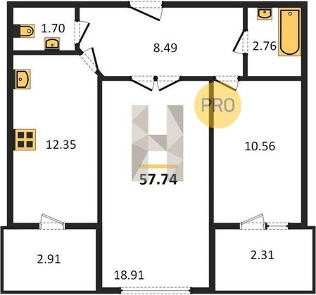 Продажа 2-комнатной квартиры 57,7 м², 12/14 этаж