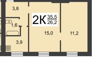 Продажа 2-комнатной квартиры 35,9 м², 1/2 этаж