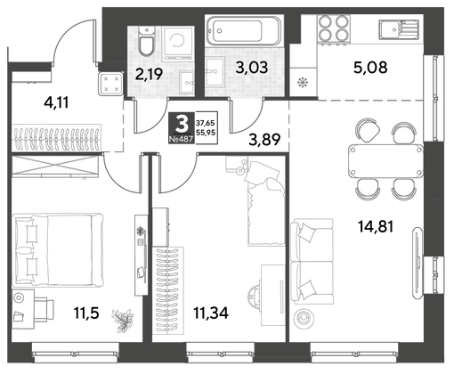 Продажа 3-комнатной квартиры 56 м², 14/21 этаж