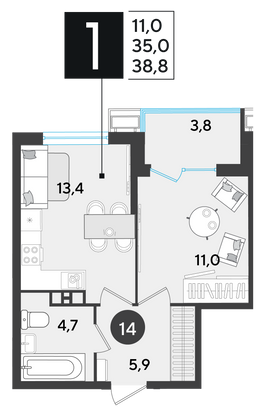 Продажа 1-комнатной квартиры 38,8 м², 3/18 этаж