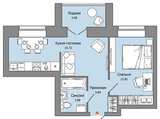 38 м², 2-комн. квартира, 2/8 этаж