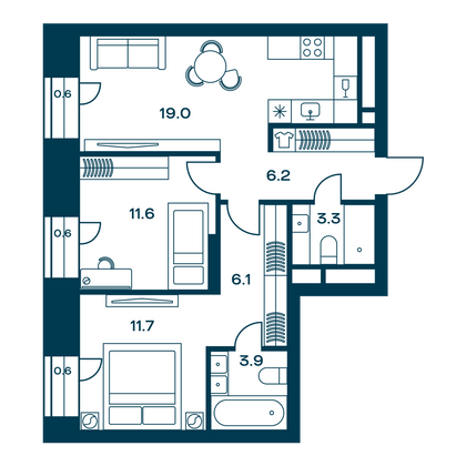 62,4 м², 2-комн. квартира, 15/20 этаж