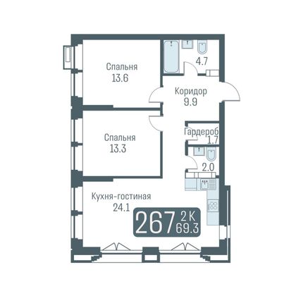 Продажа 3-комнатной квартиры 69,3 м², 2/24 этаж