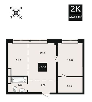 44,6 м², 2-комн. квартира, 2/4 этаж