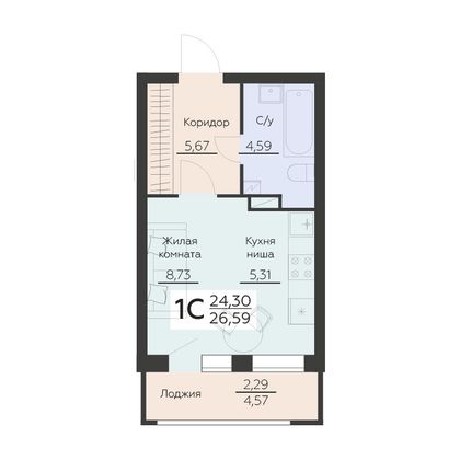 Продажа 1-комнатной квартиры 26,6 м², 2 этаж