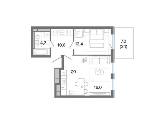 53,7 м², 2-комн. квартира, 1/4 этаж