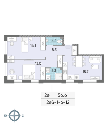 56,6 м², 2-комн. квартира, 7/24 этаж