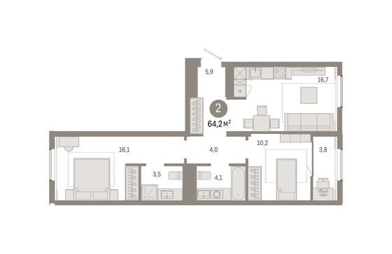 64,2 м², 2-комн. квартира, 8/8 этаж