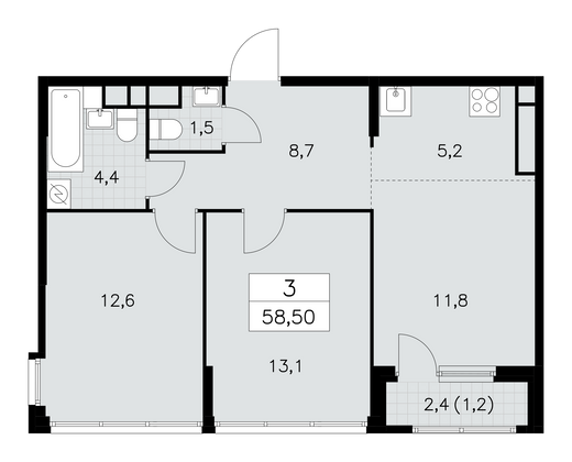 58,5 м², 3-комн. квартира, 30/30 этаж