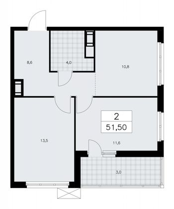 51,5 м², 2-комн. квартира, 8/9 этаж