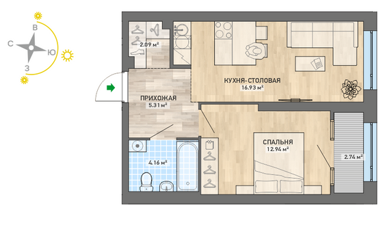 Продажа 1-комнатной квартиры 44,2 м², 20/31 этаж