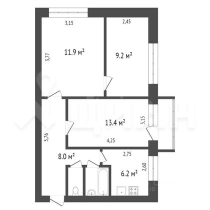 Продажа 3-комнатной квартиры 54,6 м², 2/4 этаж