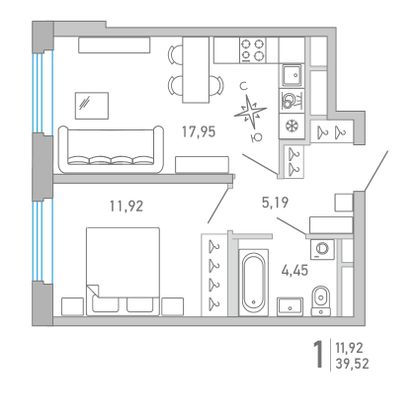 39,5 м², 1-комн. квартира, 4/10 этаж