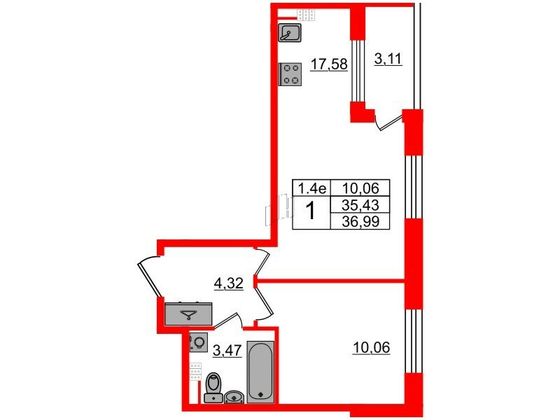 Продажа 1-комнатной квартиры 35,4 м², 5/5 этаж
