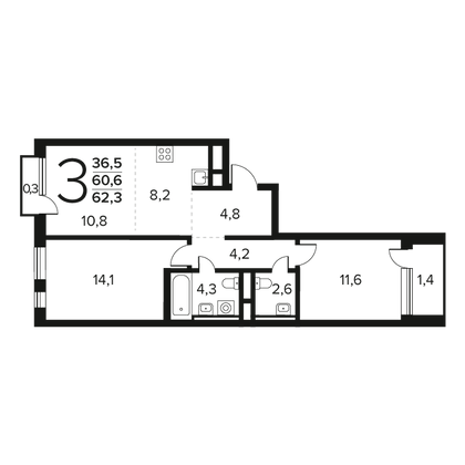 62,3 м², 3-комн. квартира, 7/12 этаж