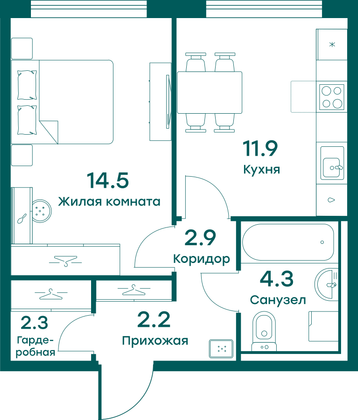 38,1 м², 1-комн. квартира, 1 этаж